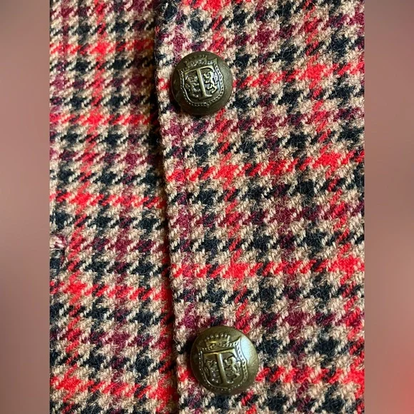 Red Houndstooth Blazer Wool Blend Crest Buttons Fully Lined Size 4 Talbots - Picture 3 of 10